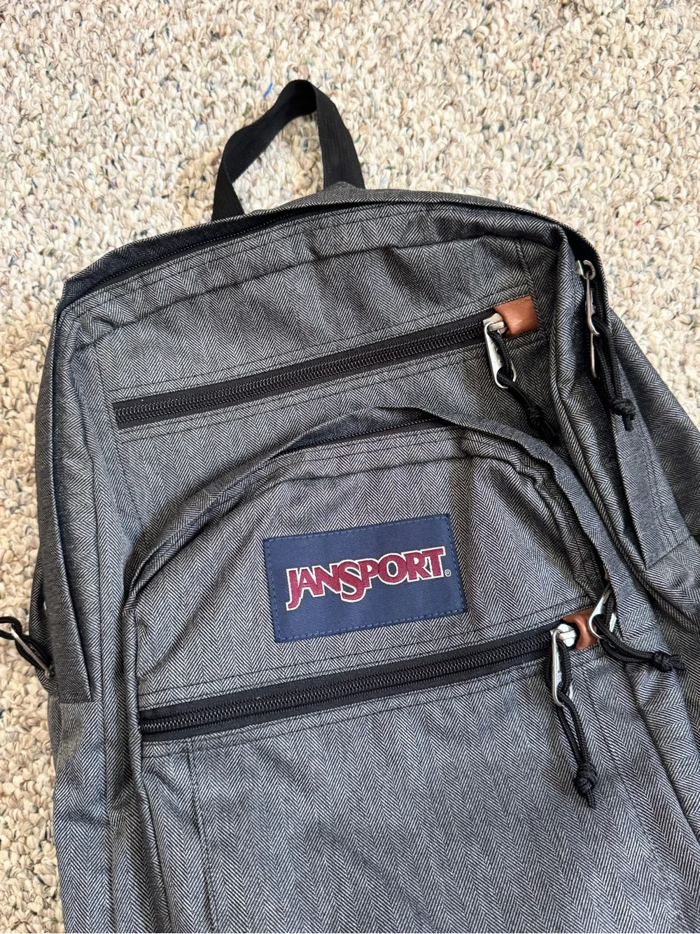 JanSport Cool Student Gray Herringbone Brown Faux Leather Laptop Backpack